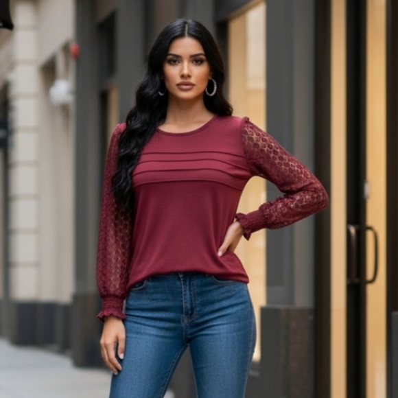 Maxtooa Tops - Elegant Burgundy Lace Sleeve Top Size Large